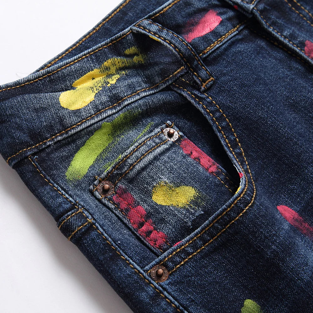 Men's Painted Stretch Denim Jeans Streetwear Colored Slim