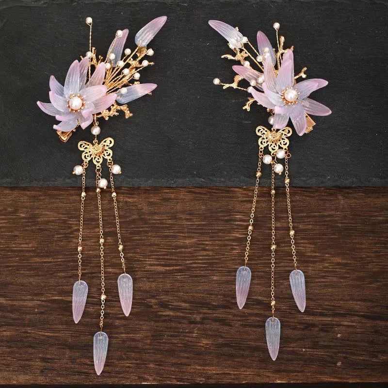 1pair Chinese Hanfu Hair Accessories Red Flower Hairpins