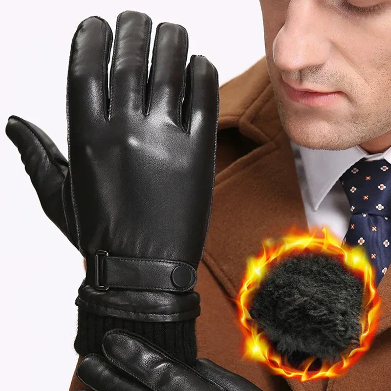 Fleece Leather Gloves Men's Winter Autumn PU Linings