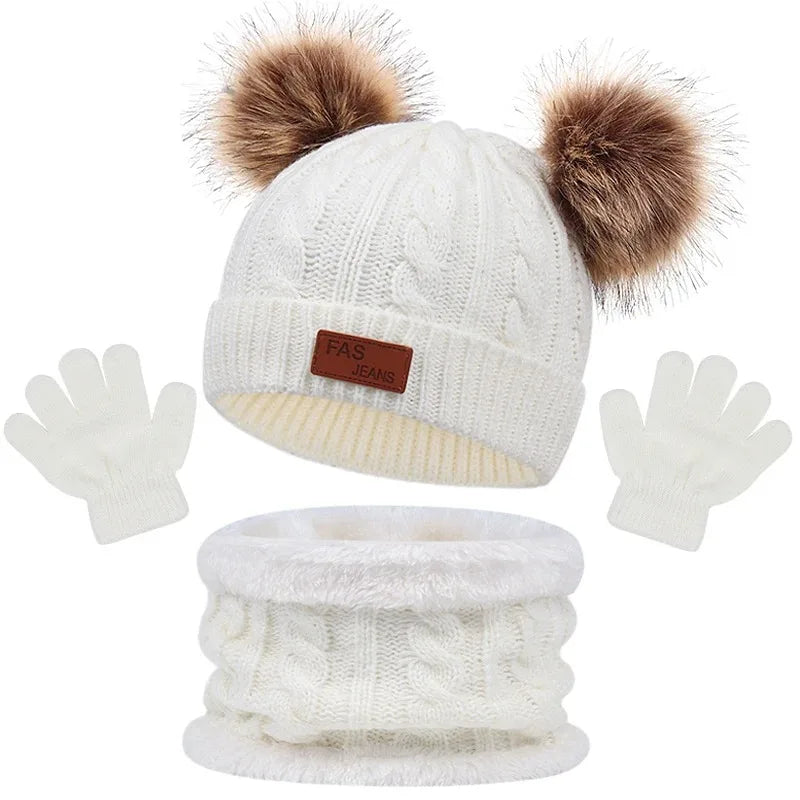 Baby Winter Hat Scarf Gloves Set Knitted Fur
