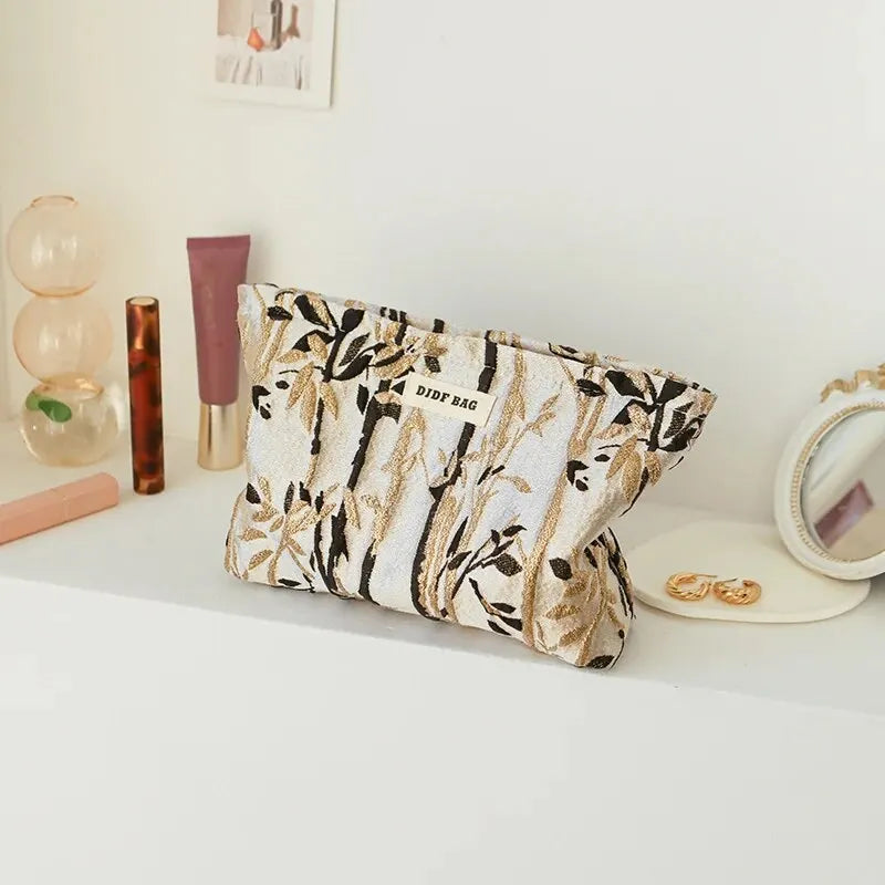 Women's Makeup Bag Green Gold Flowers Large Capacity