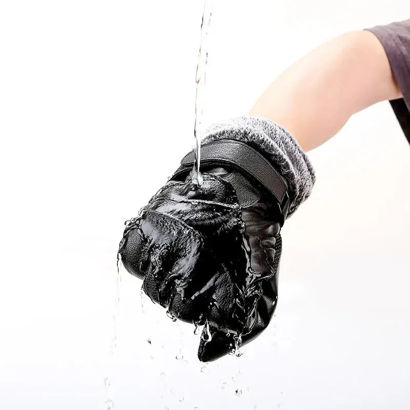 Leather Gloves Men's Winter Fleece Thickened Warm Touch