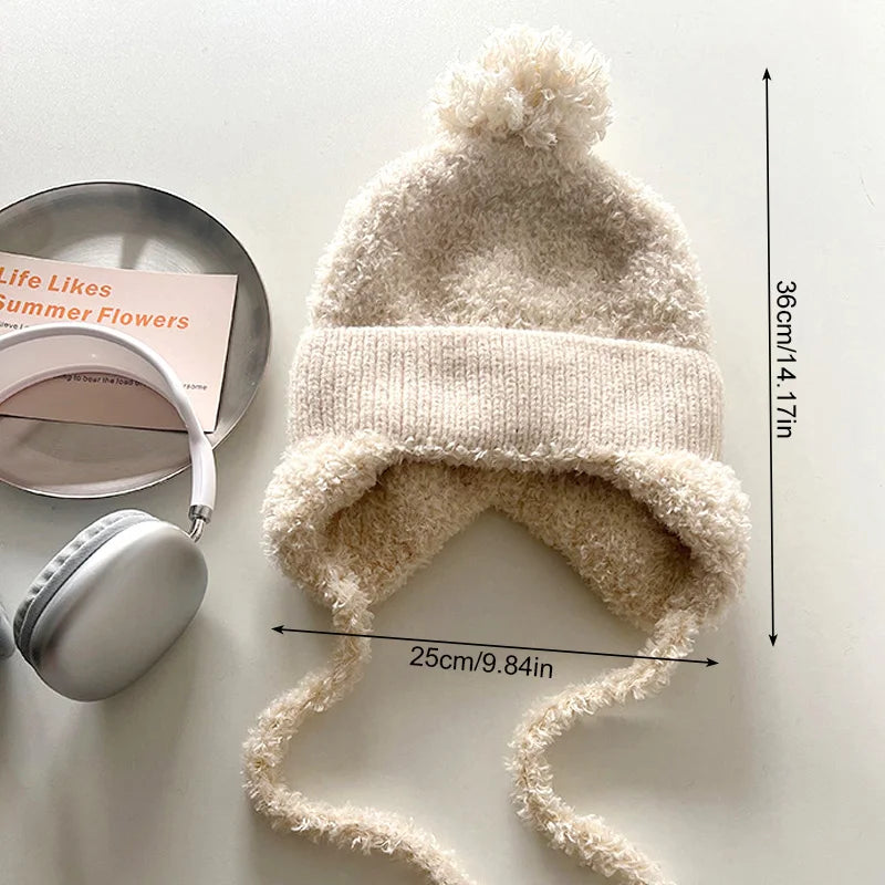Women Pompom Ear Warmer Bonnet Fleece-lined Ear Protection