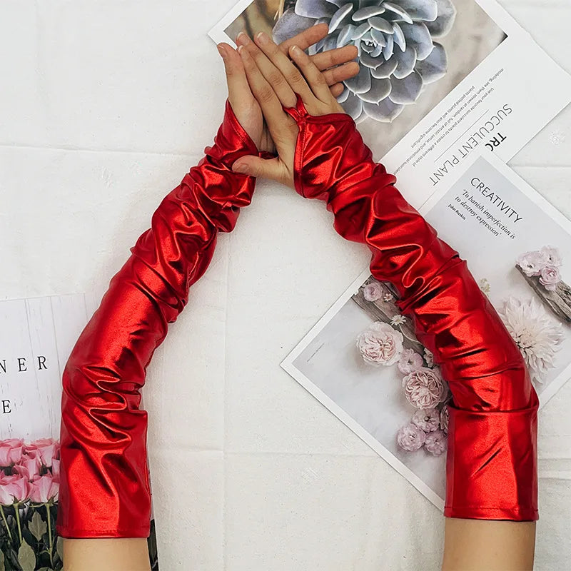 Halloween Lacquer Leather Hook Finger Long Gloves Cosplay