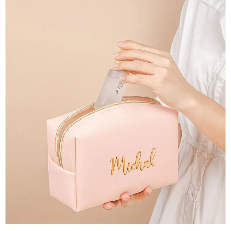 Personalized Embroidery Makeup Bag Portable PU Saffiano Leather