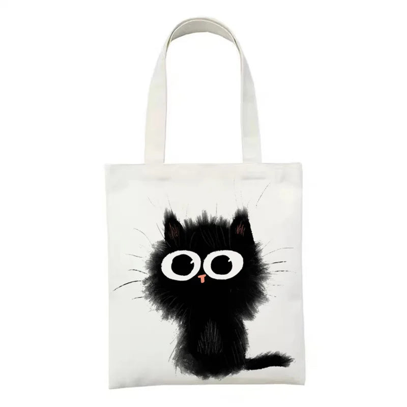 Women Canvas Bag Funny Black Cat Print Female Reuseable Shopping Totebags Girls Students School Bookbags