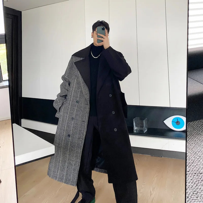 NOYMEI Autumn Winter Patchwork Korean Style Men's Trench
