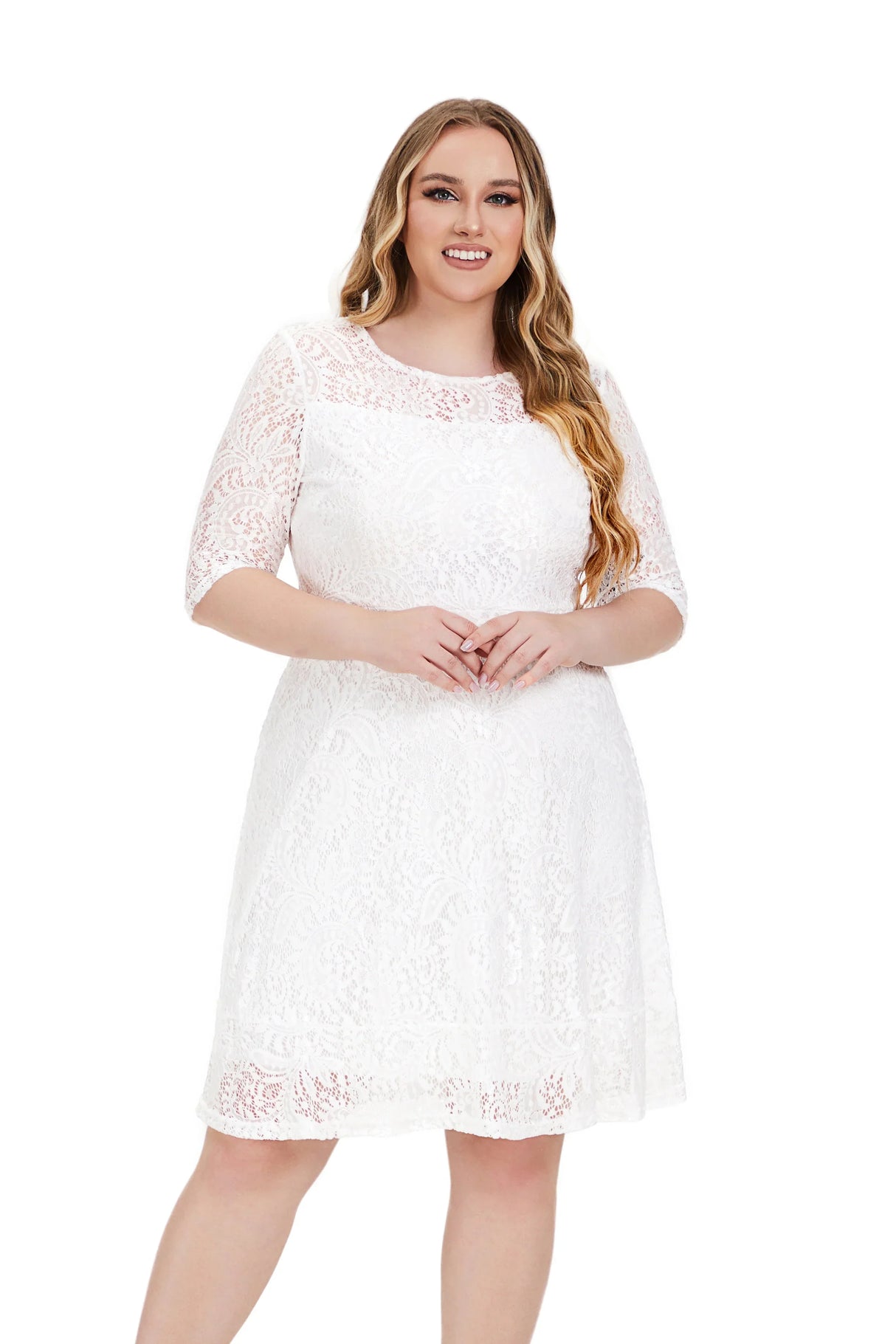 Plus Size Contrast Lace Semi Sheer 3/4 Sleeve