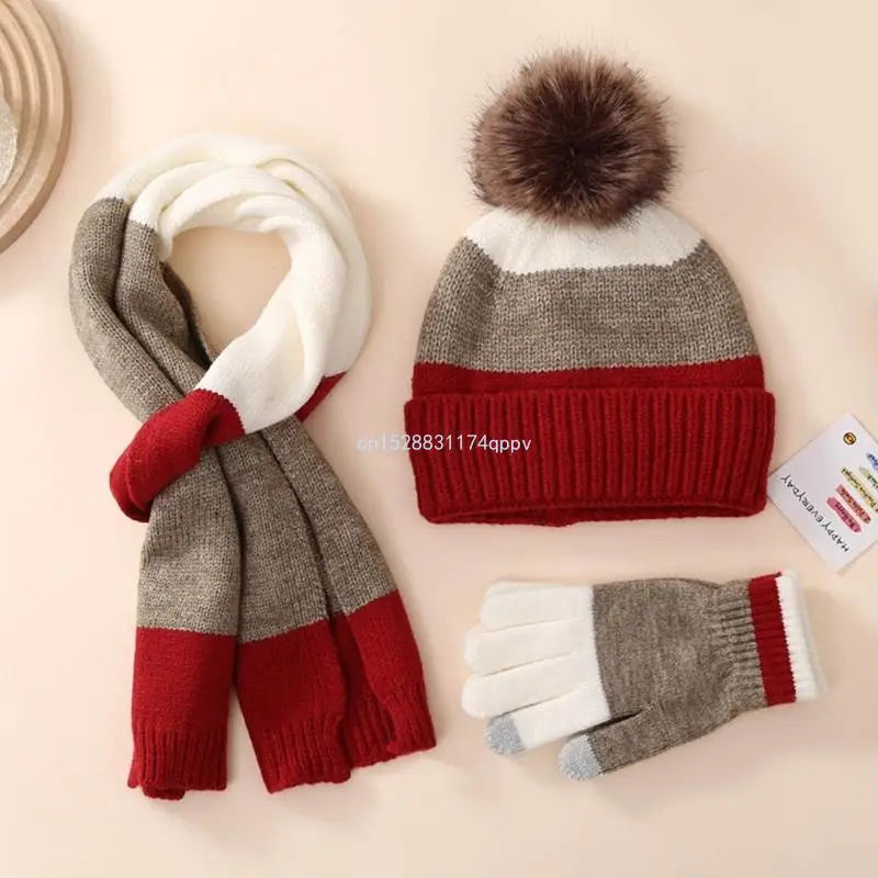 Kids Hat Scarf & Gloves Set Winter Pom