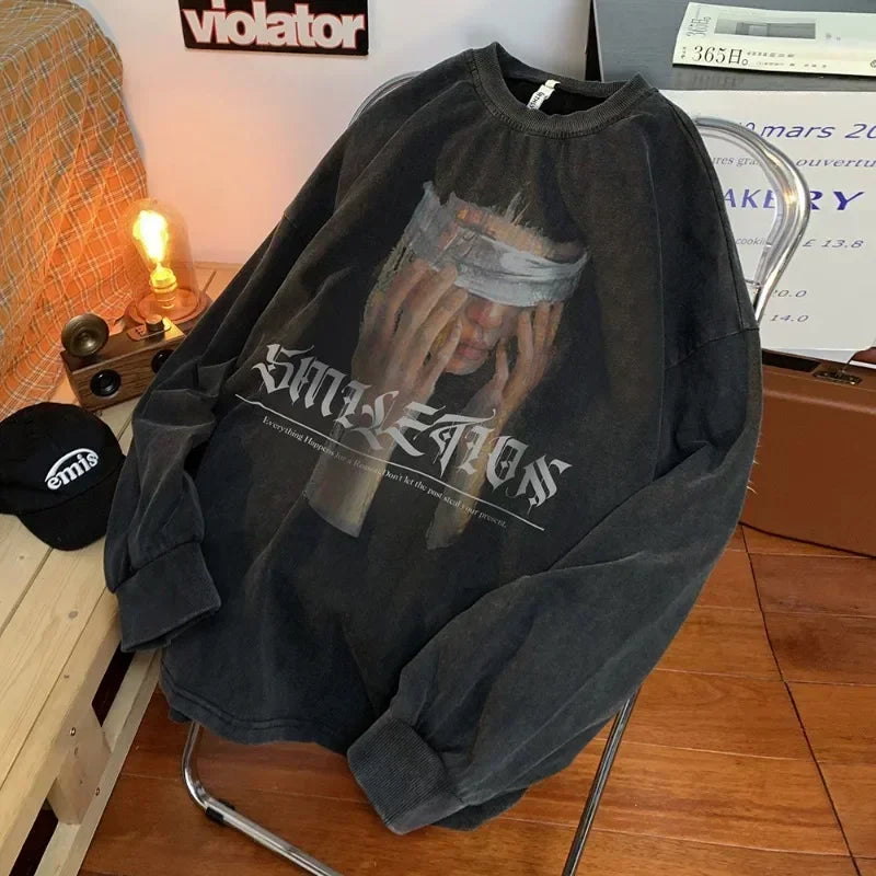 Men's Washed Black Sweatshirt Blindfold Portrait Print Long