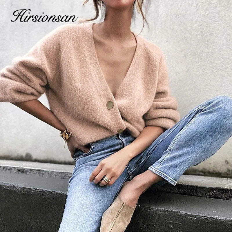 Hirsionsan Elegant Long Sleeve Mohair Sweater Women 2023