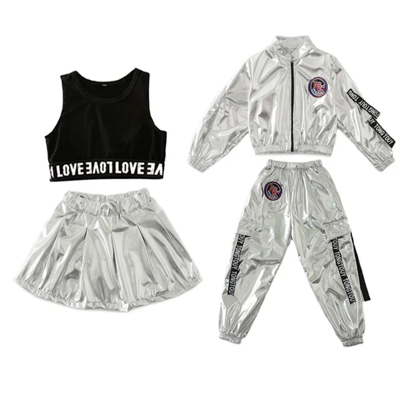 Children silver stage hip hop girl dance costume