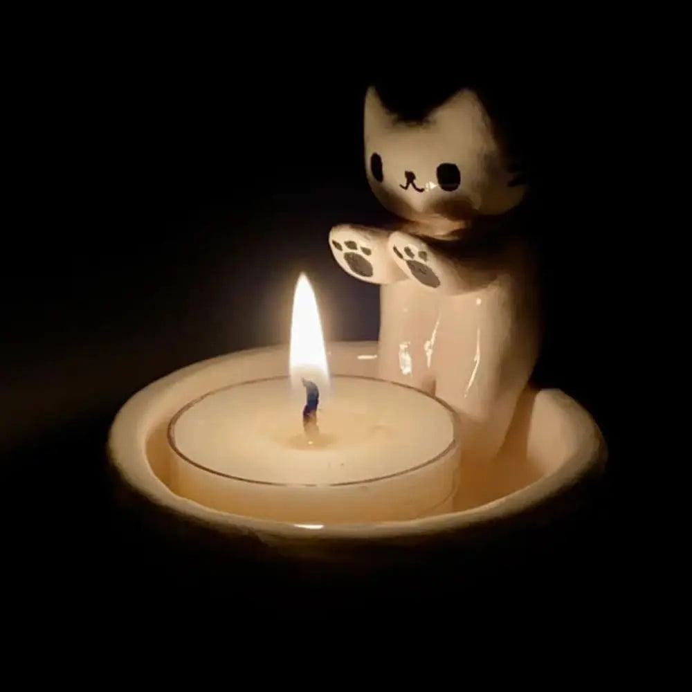 Cartoon Kitten Candle Holder Warming Its Paws Cute