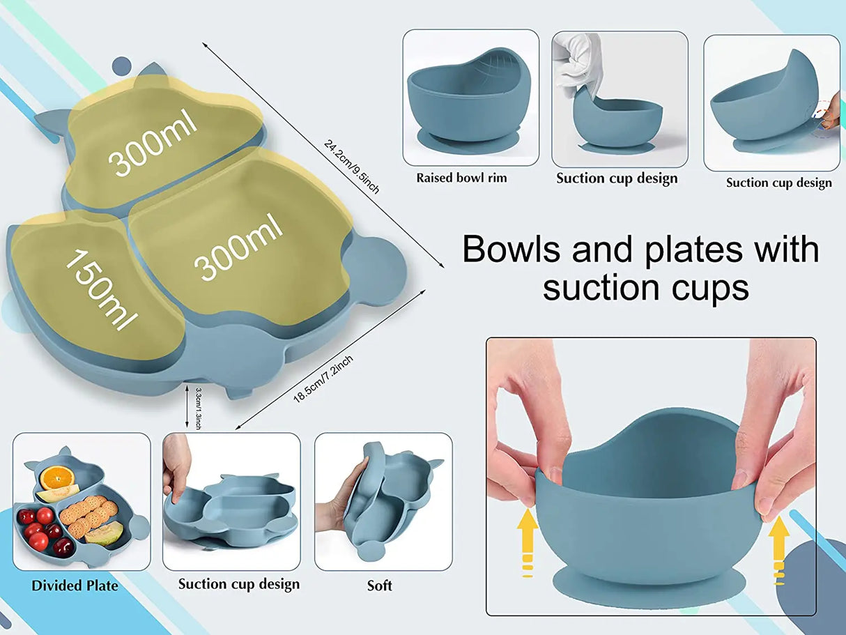 Baby Feeding Set Silicone Suction Bowls Divided Plates