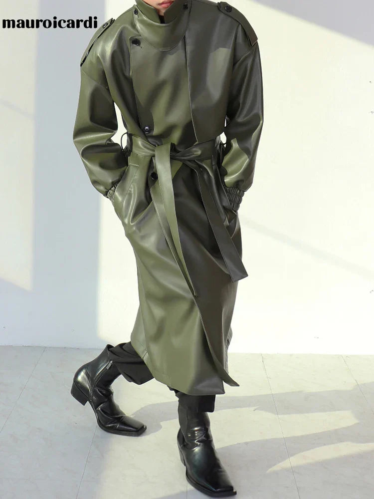 Mauroicardi Spring Autumn Long Oversized ArmyGreen Black Faux