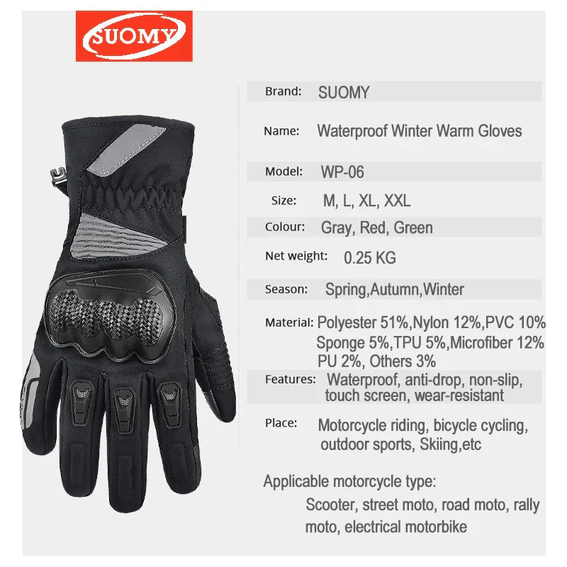 Suomy Motorcycle Gloves Winter Men Waterproof Moto Gloves Snowmobile Gloves Touch Screen Motorbike Riding Protective Gear