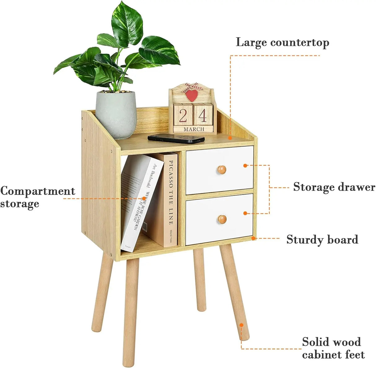 Night Stand, Bedside Table with Drawers Mid Century
