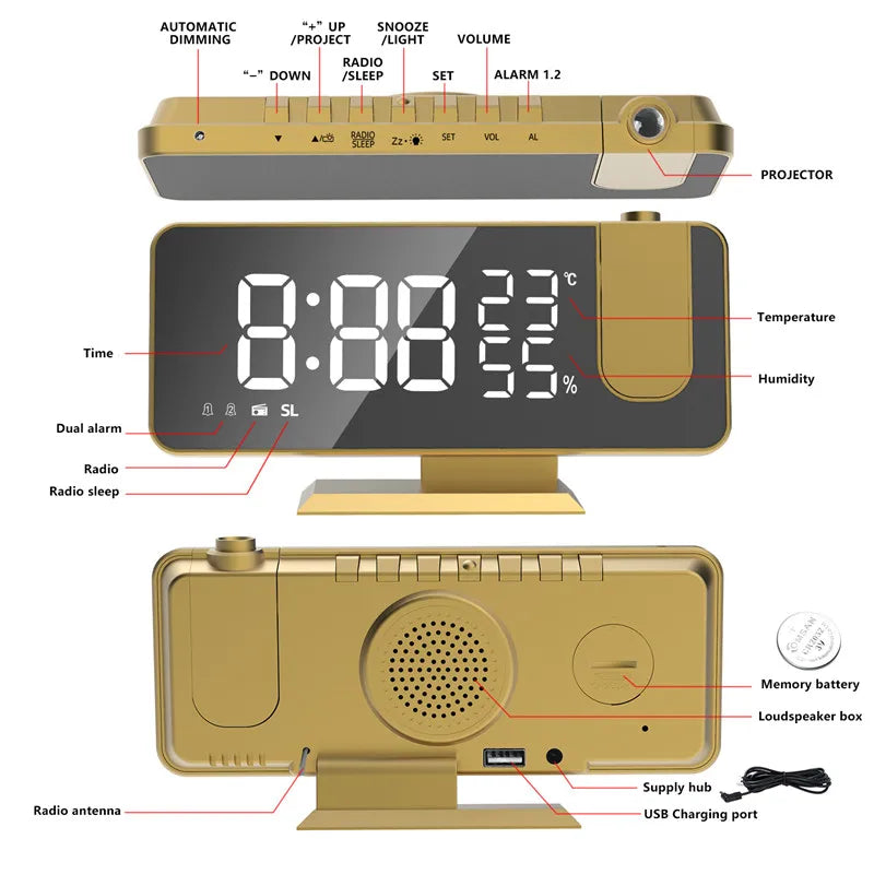 FM Radio Digital Alarm Clock Temp Humidity with 180° Time Projector Electronic Table Clock 12/24H Snooze Projection LED Clock