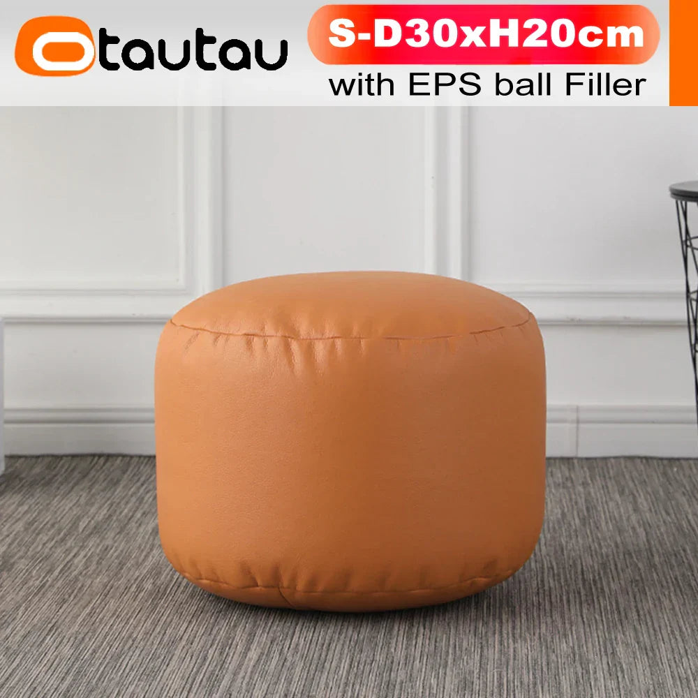 OTAUTAU Small Round Faux Leather Ottoman Stool Beanbag