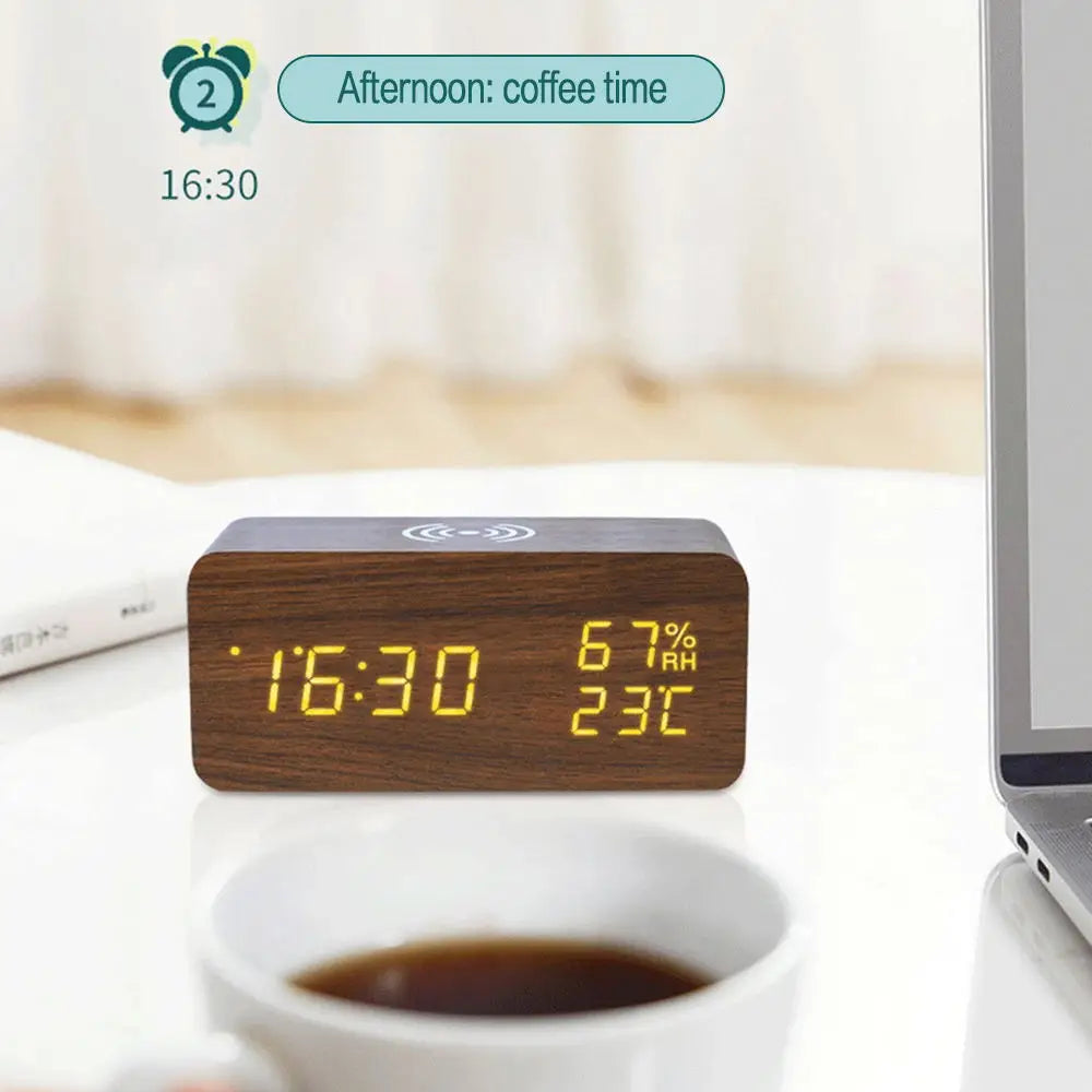 Wood Grain Digital Alarm Clock With Wireless Charging