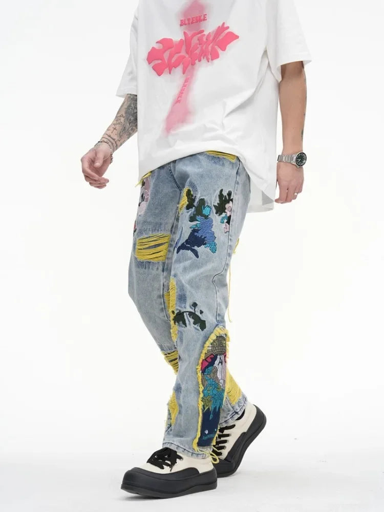 Chinese Painting Embroidered Patch Denim Ripped Jeans