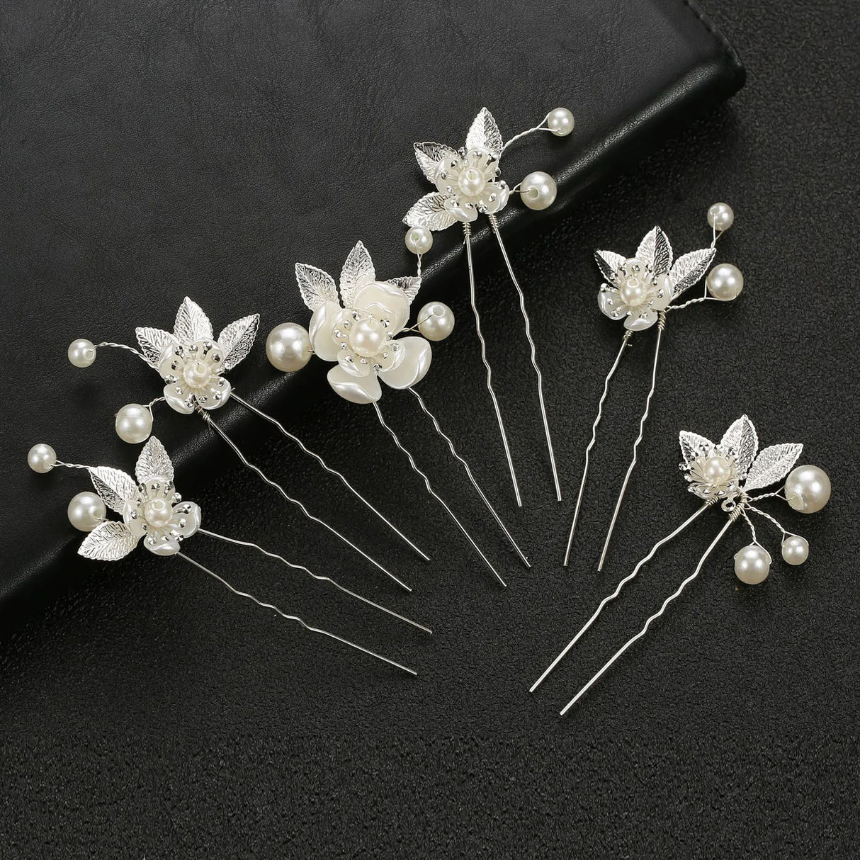 Pearl Flower Hairpin Side Comb Golden Leaf Shaped