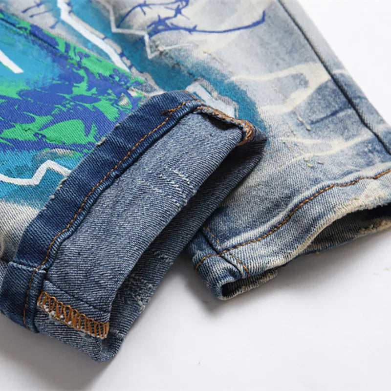 Men Print Jeans Streetwear Letters Lightning Painted Stretch