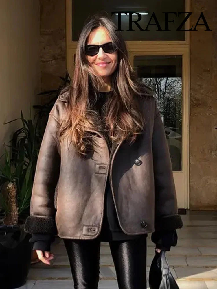 TRAFZA 2023 Winter Casual Solid Faux Leather Long
