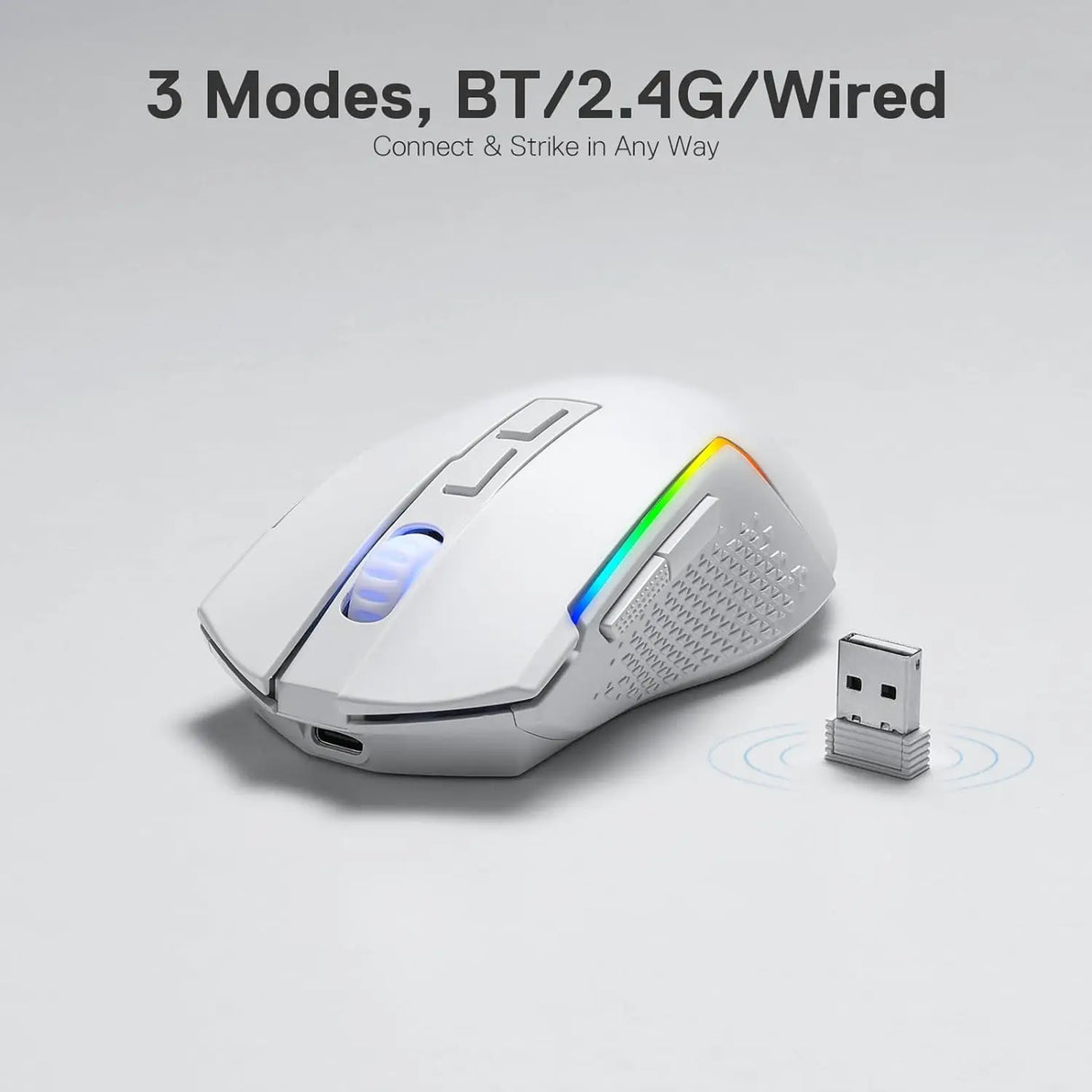 Redragon M693 Wireless/Wired BT & 2.4G Bluetooth Gaming 8000 DPI Mouse 3-Mode Connection RGB Backlight for PC/Mac/Laptop, White