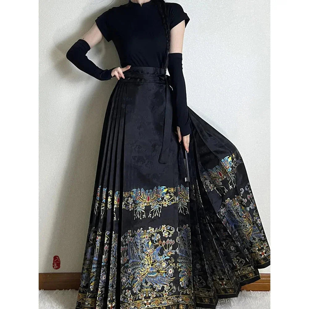 Chinese Style Traditional Pleated Skirt For Women Black