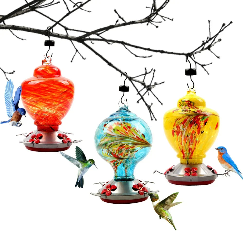 Hummingbird Feeder for Outdoors Hanging Hand Blown Glass