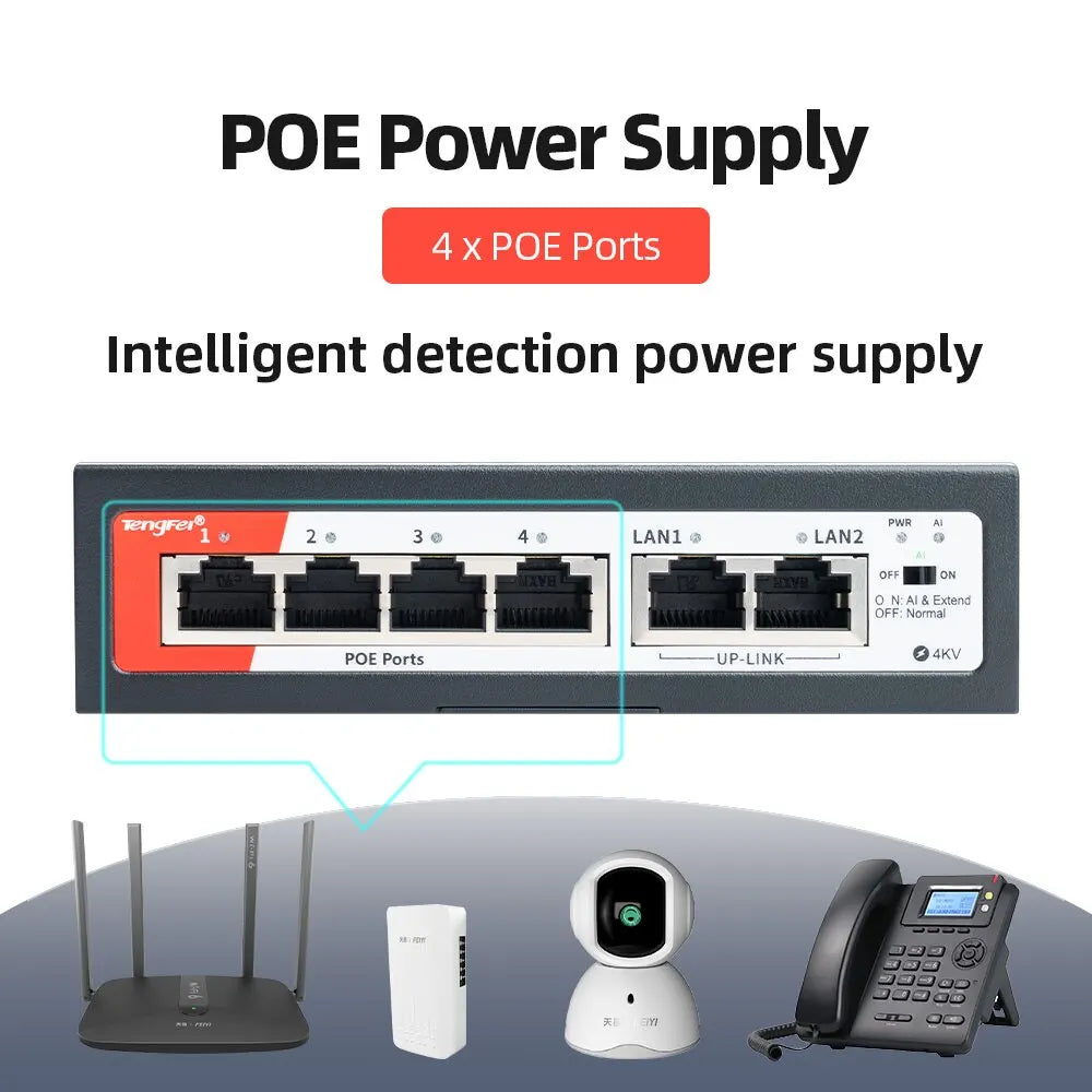 TengFei POE Switch 6Port 100Mbps Switch 4 PoE+2