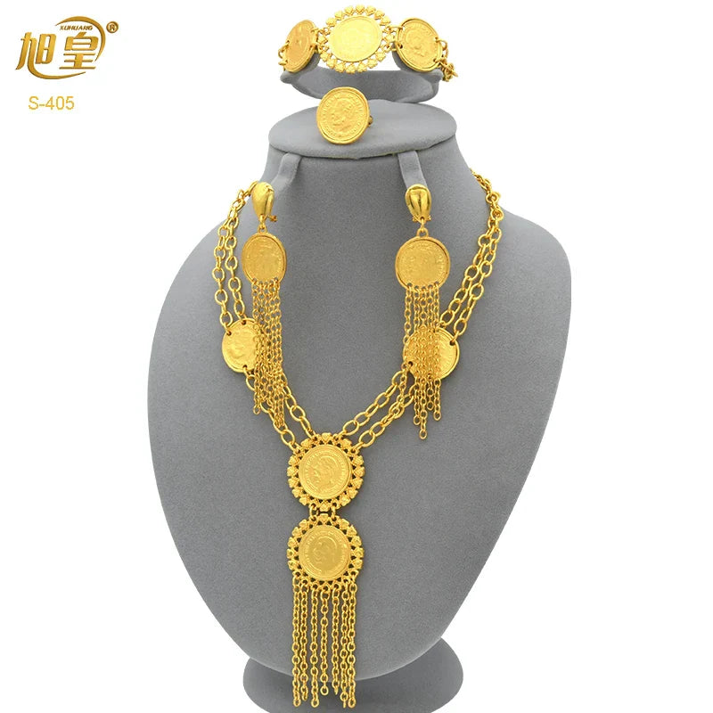 African 24K Gold Color Coins Necklace Bracelet Sets