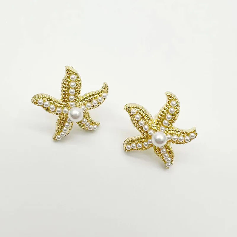 Classic Vintage Pearl Star Metal Starfish Earrings For