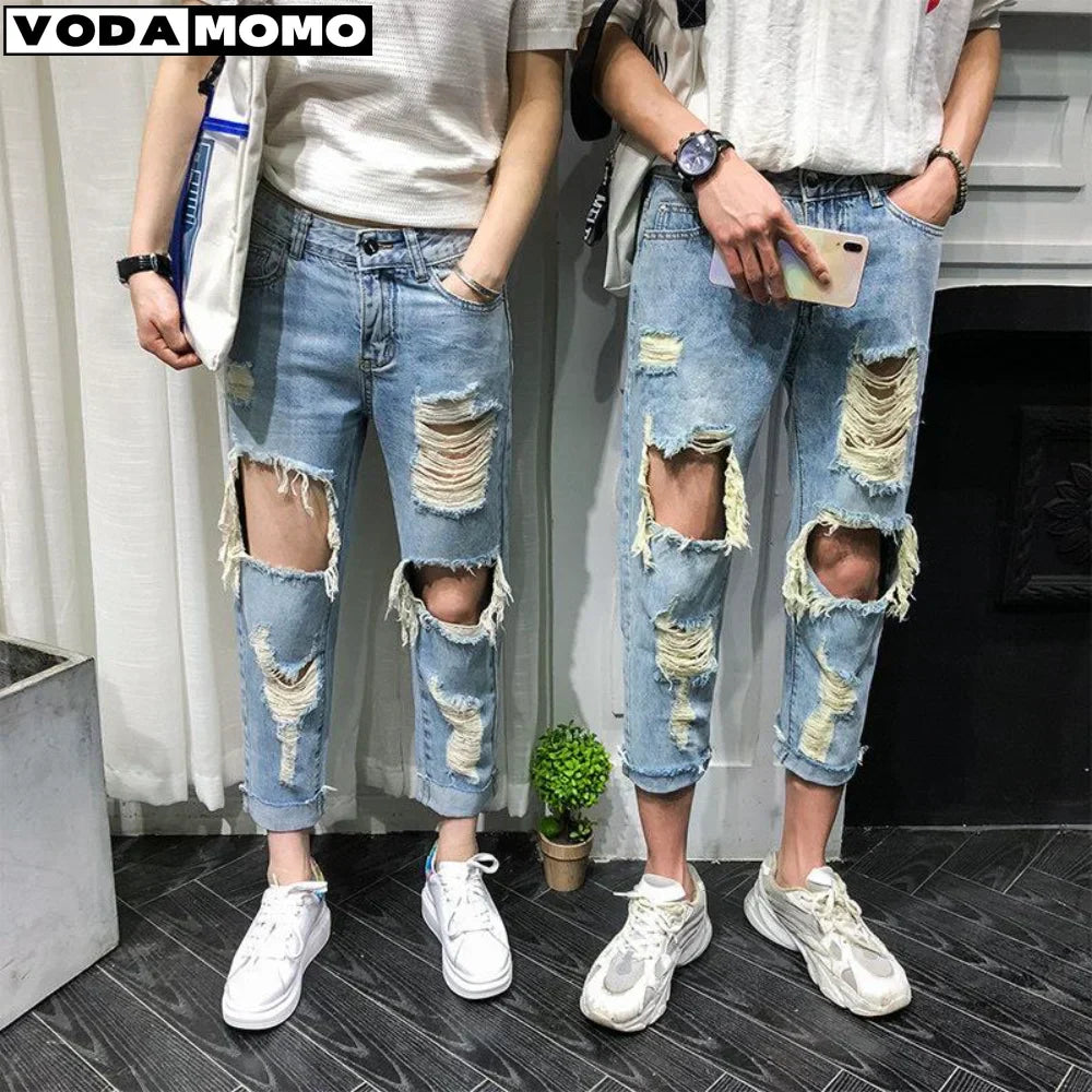 Men Jeans Knee Hole Ripped Stretch Skinny Denim