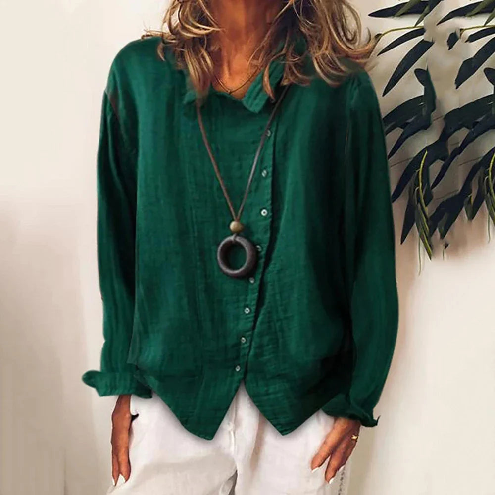 Womens Cotton Solid Long Sleeve Blouse Tops Baggy