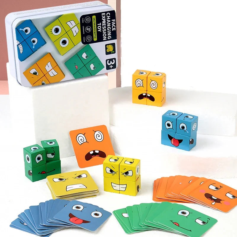 Wooden Face Changing Cube Toys Building Blocks Cartoon