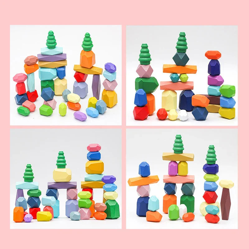 28/38pcs Wooden Rainbow Stone Building Blocks Set Balancing