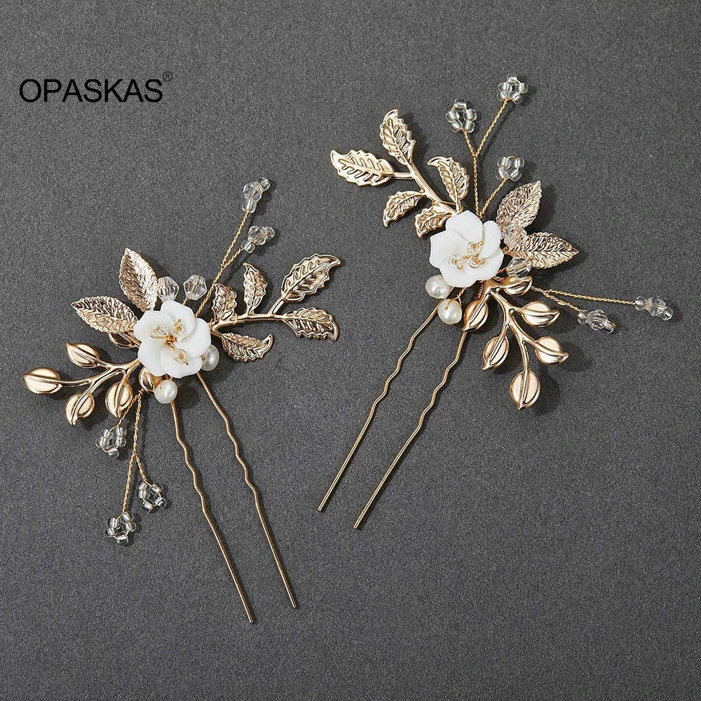 U-shaped Pearl Hairpin Hair Clips Golden Leaf Side