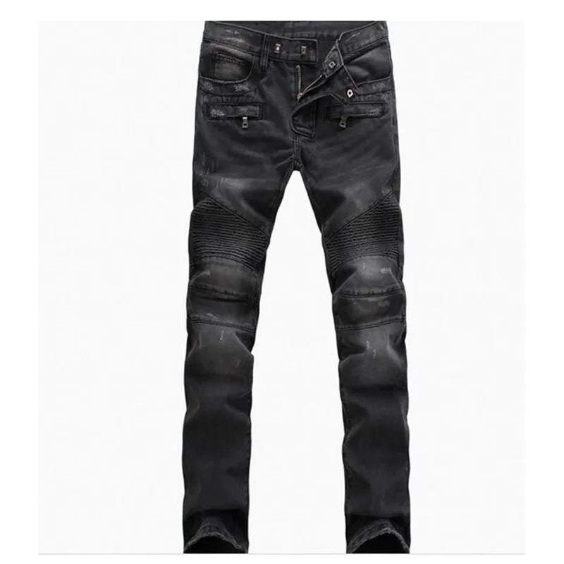 European And American Fold Zipper Motorcycle Snowflake Jeans