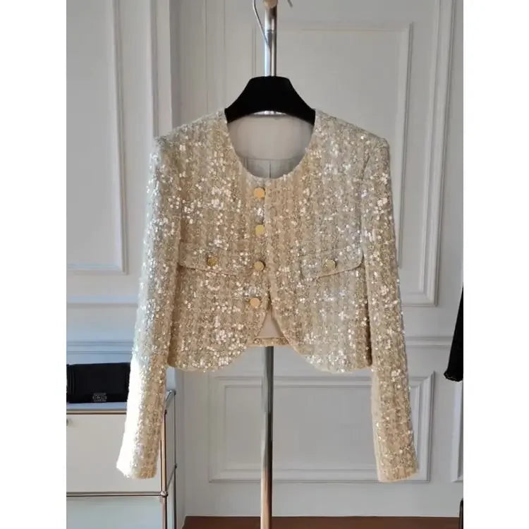 KUSAHIKI Elegant Chic Blingbling Sequins Short Coat 2023
