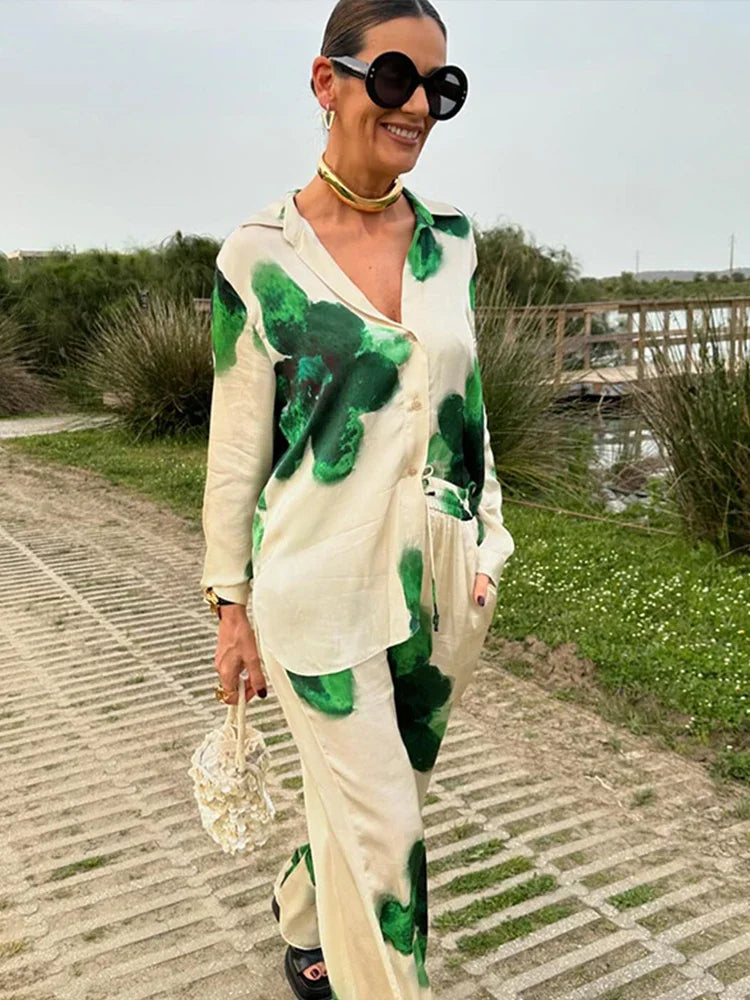 Printed Women 2 Piece Set Loose Lapel Single