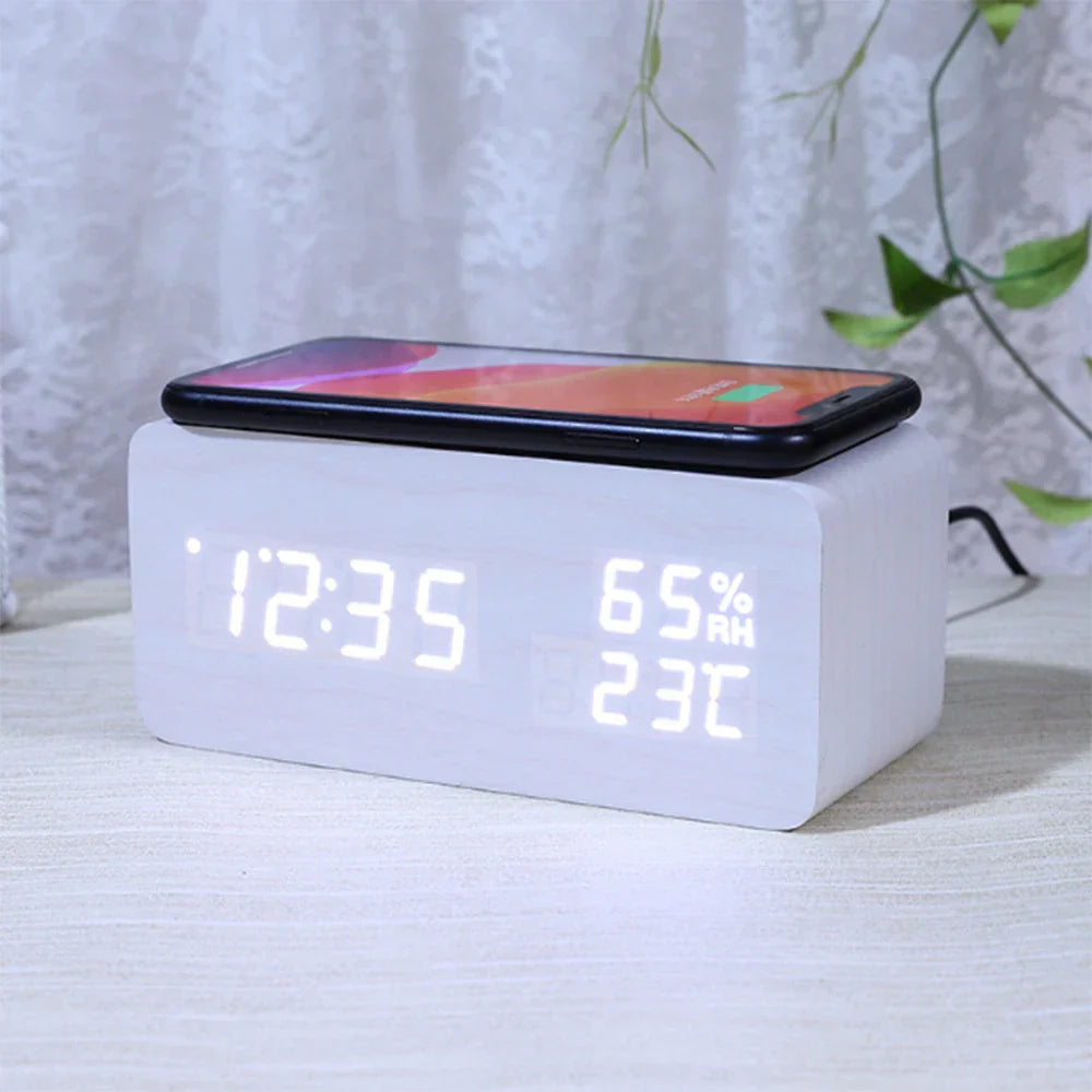Wood Grain Digital Alarm Clock With Wireless Charging