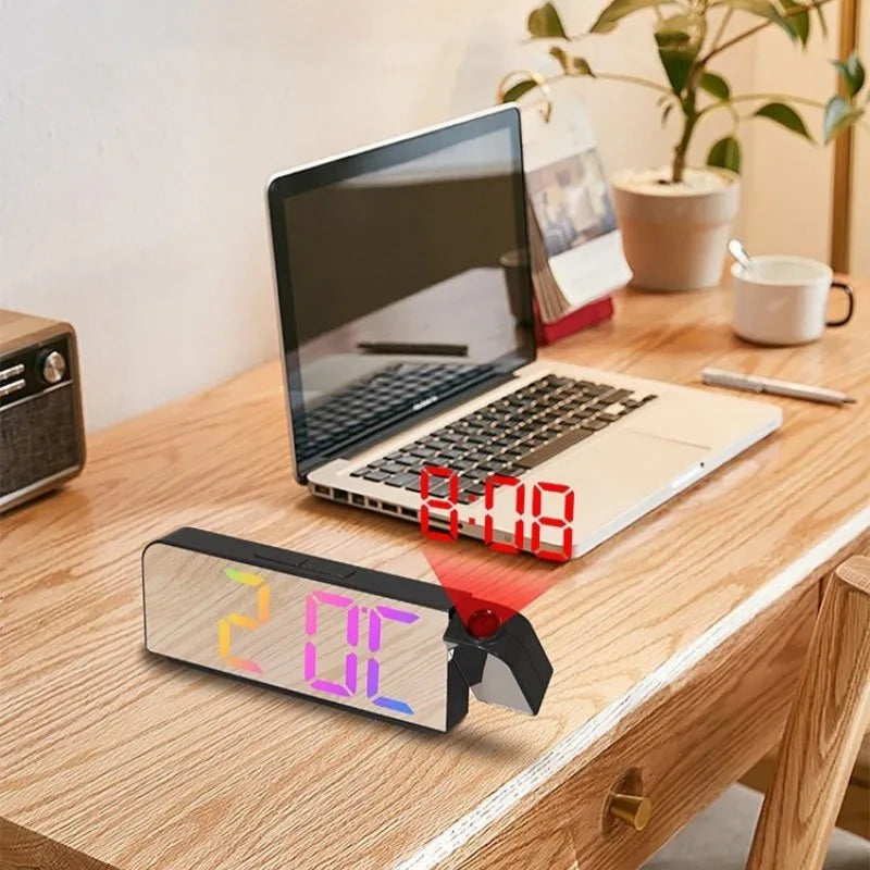 180° Arm Digital Projection Alarm Clock - Night Mode, Power-Off Memory, 12H/24H LED Table Clock