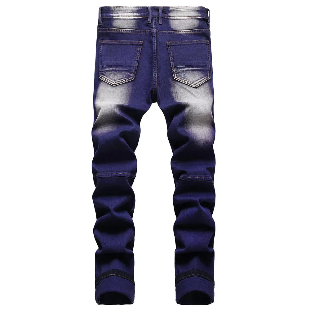 Men Stretch Denim Biker Jeans Streetwear Zippers Pleated