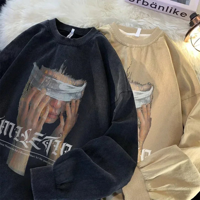 Men's Washed Black Sweatshirt Blindfold Portrait Print Long