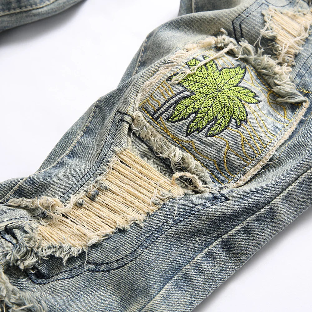 Men Embroidery Patches Denim Jeans Holes Ripped Distressed