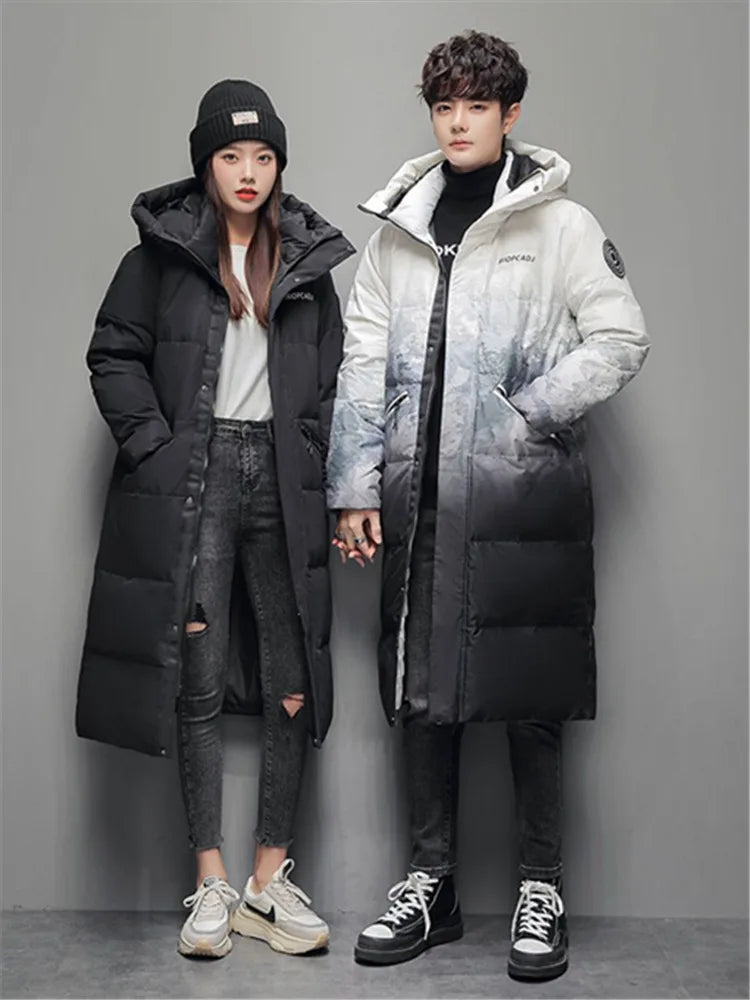 Winter X-long Cotton-padded Jacket Couple Gradient Hooded Puffer