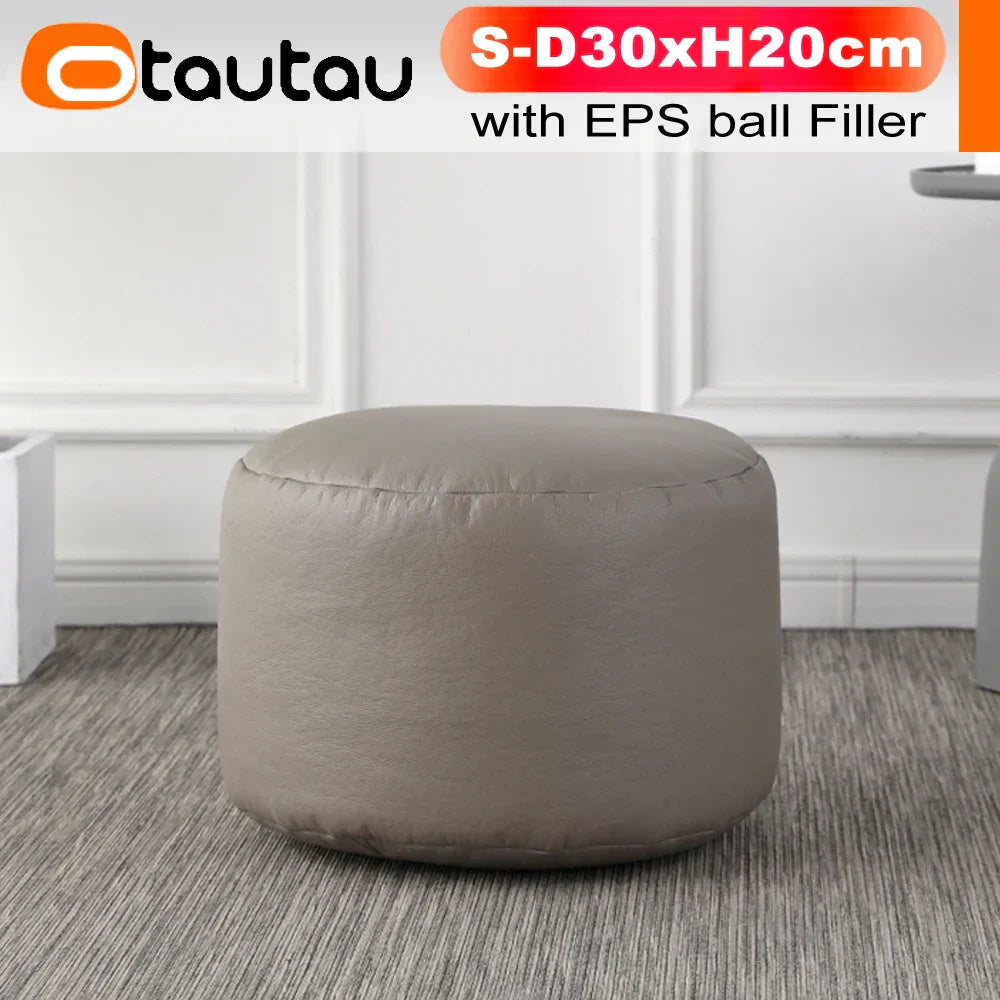 OTAUTAU Small Round Faux Leather Ottoman Stool Beanbag