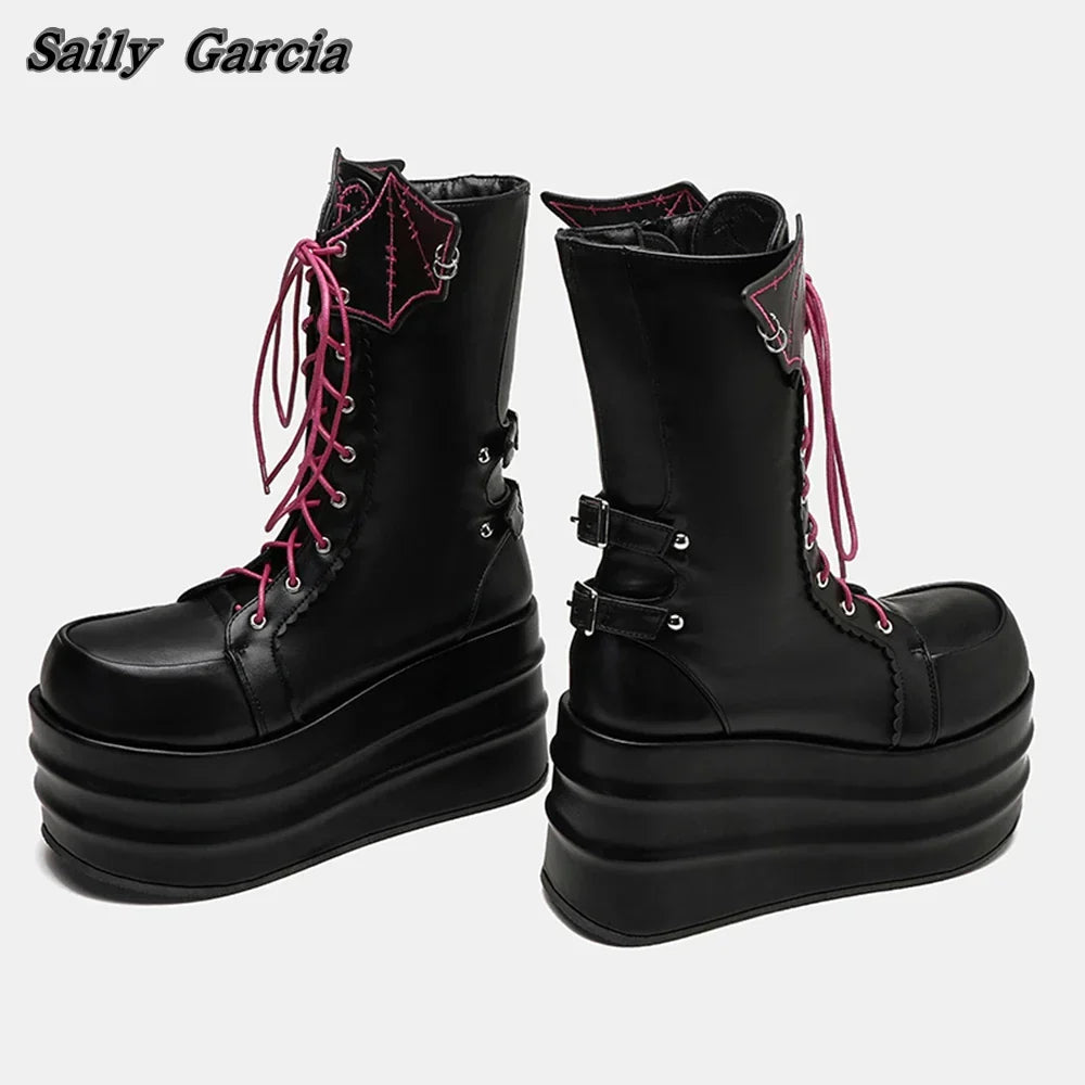 Genuine Leather Y2K Bat Chunky Heel Mid Calf Boots Autumn New Fashion Casual Boots Round Toe Platform Gothic Style Boots